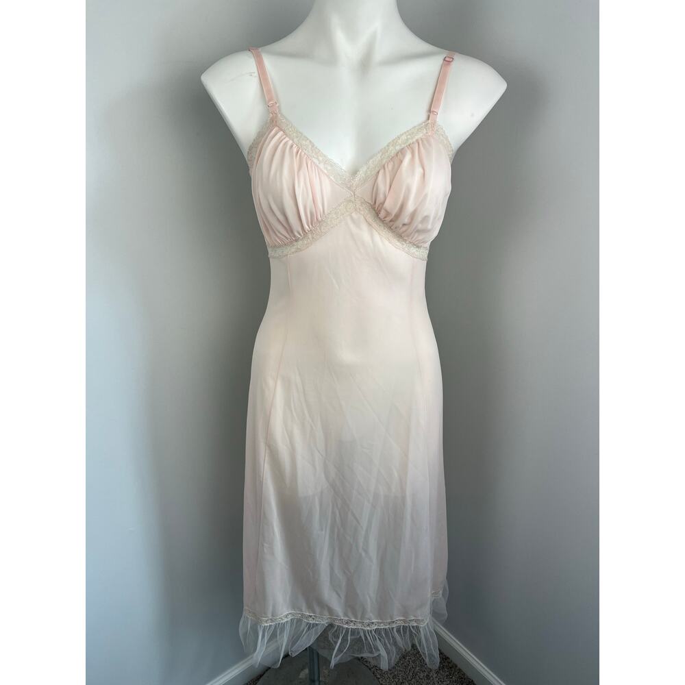 Vintage Laura Lane Light Pink Sheer Slip Dress Lingerie Nightgown w Lace 34/XS
